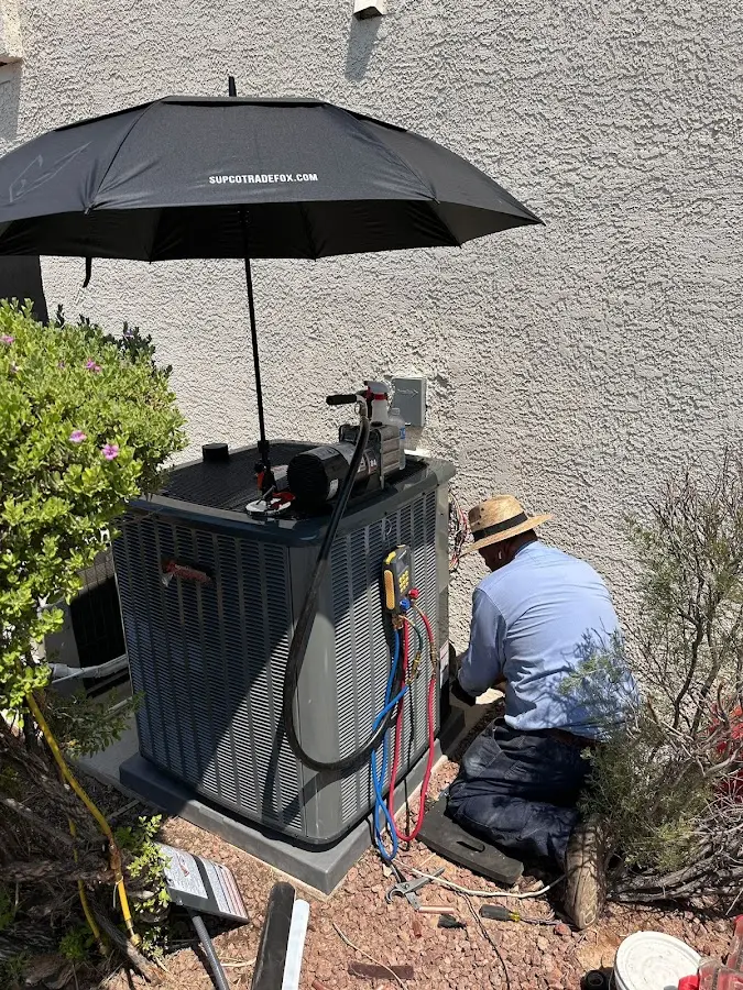 HVAC technician performing outdoor AC maintenance in Streamwood